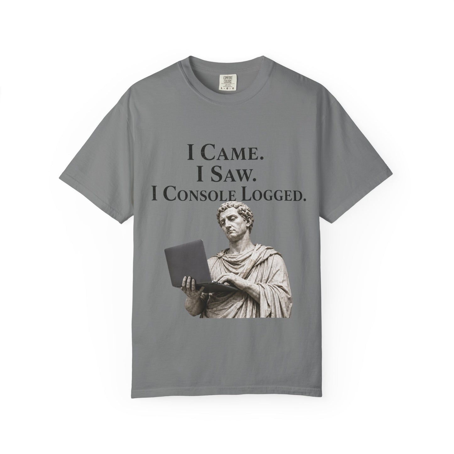 I Came. I Saw. I Console Logged Funny Programmer Roman Statue Tee in grey size S