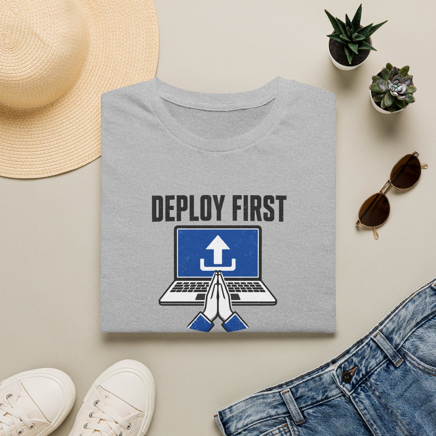 Deploy First Pray Later - Devops Coding Humor Tee
