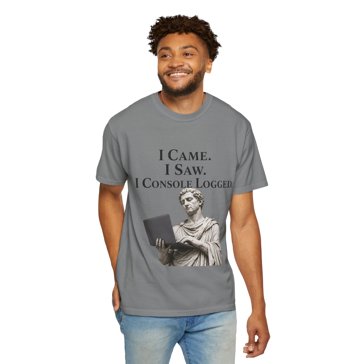 I Came. I Saw. I Console Logged Funny Programmer Roman Statue Tee in grey size L