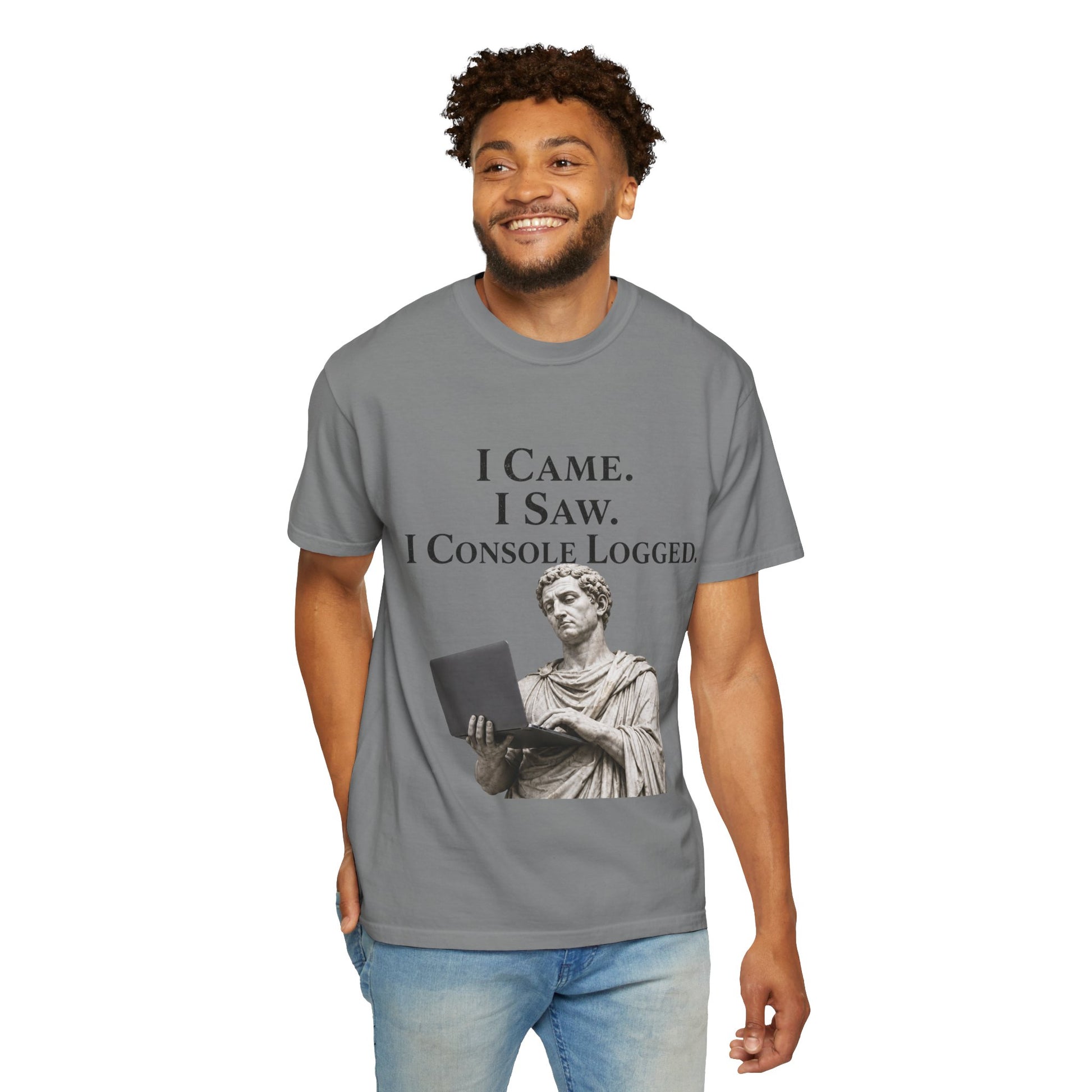 I Came. I Saw. I Console Logged Funny Programmer Roman Statue Tee in grey size L
