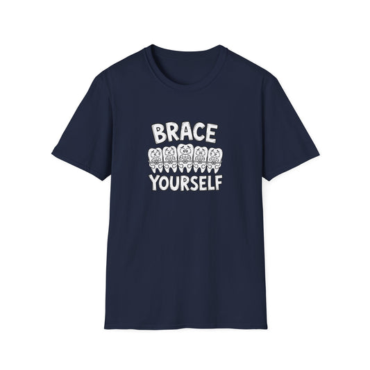Brace Yourself Funny Dental Humor Tee in dark chocolate size S