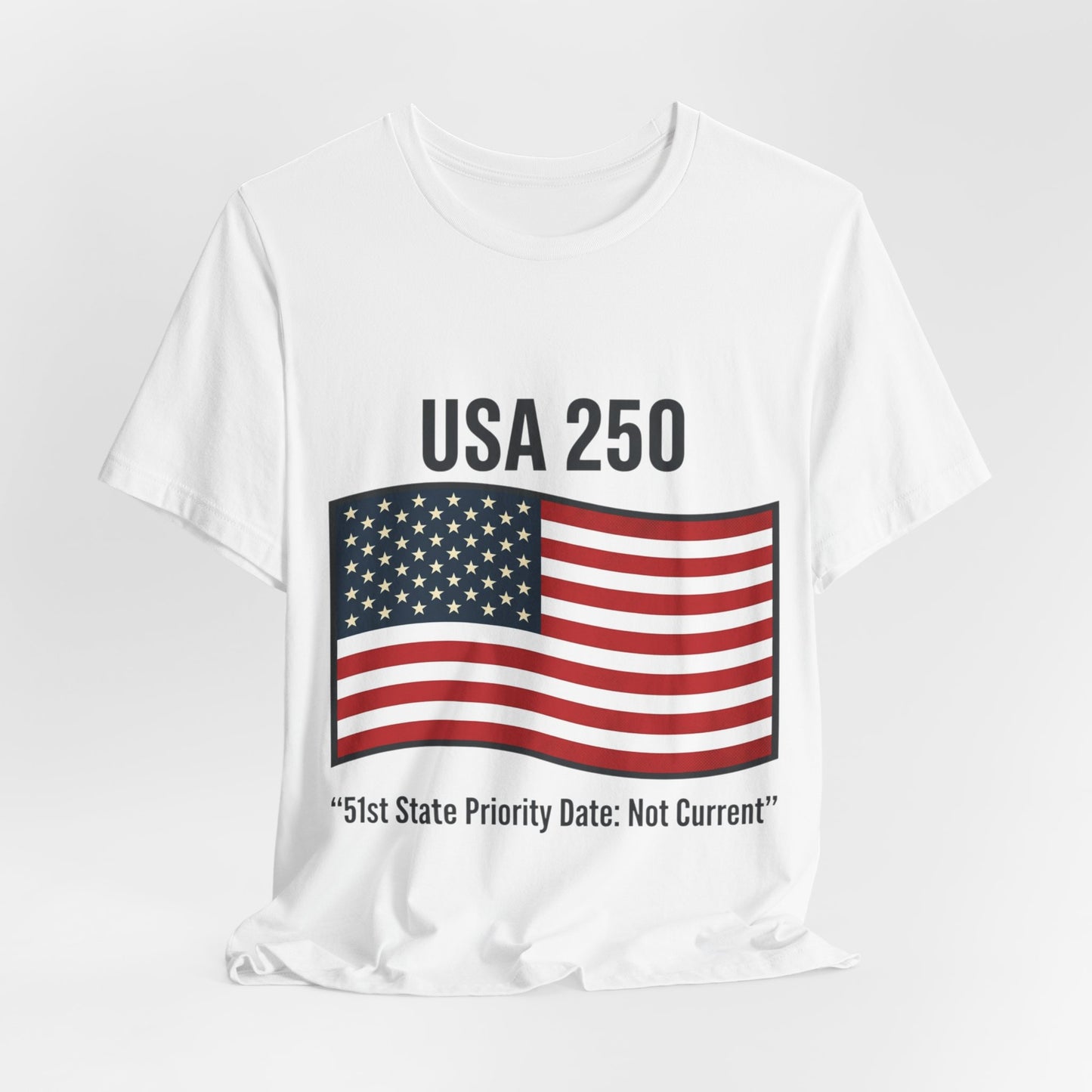 USA 250 Flag T‑Shirt — Patriotic 250th Anniversary Tee ("51st State Priority Date: Not Current")