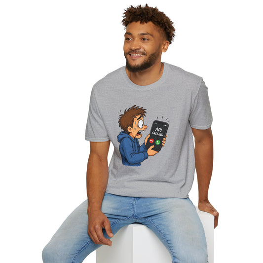 'API Calling' Funny Tech Cartoon Tee in dark chocolate size S