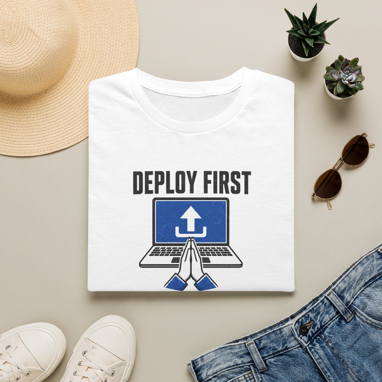 Deploy First Pray Later - Devops Coding Humor Tee