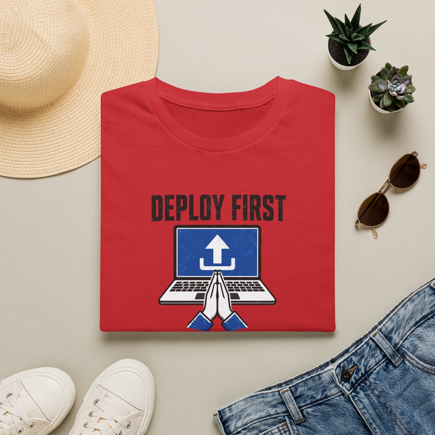Deploy First Pray Later - Devops Coding Humor Tee