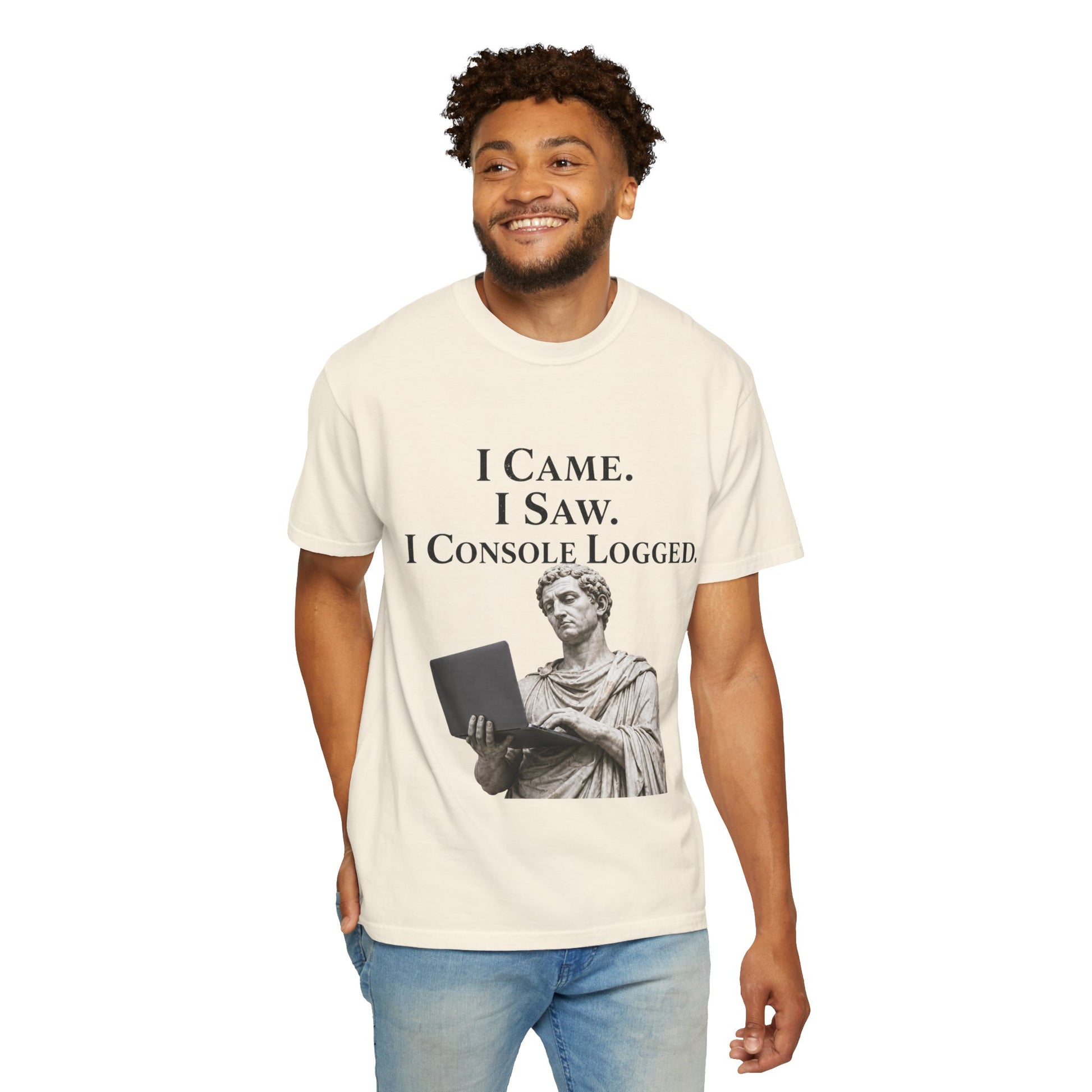 I Came. I Saw. I Console Logged Funny Programmer Roman Statue Tee in white size L