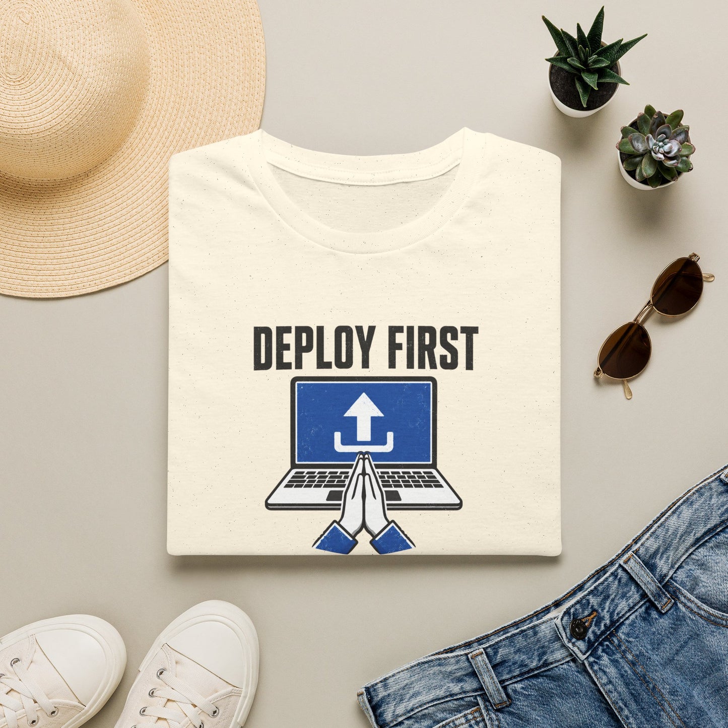 Deploy First Pray Later - Devops Coding Humor Tee