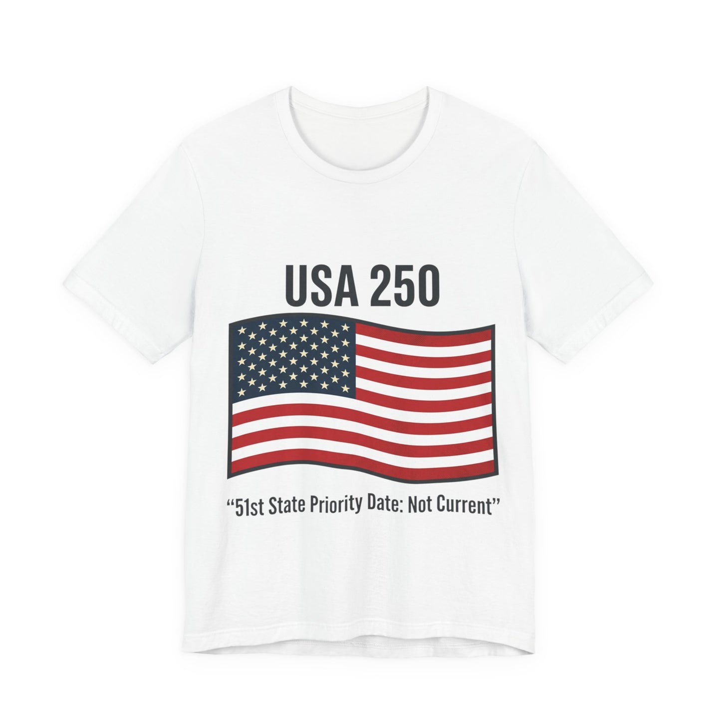 USA 250 Flag T‑Shirt — Patriotic 250th Anniversary Tee ("51st State Priority Date: Not Current")